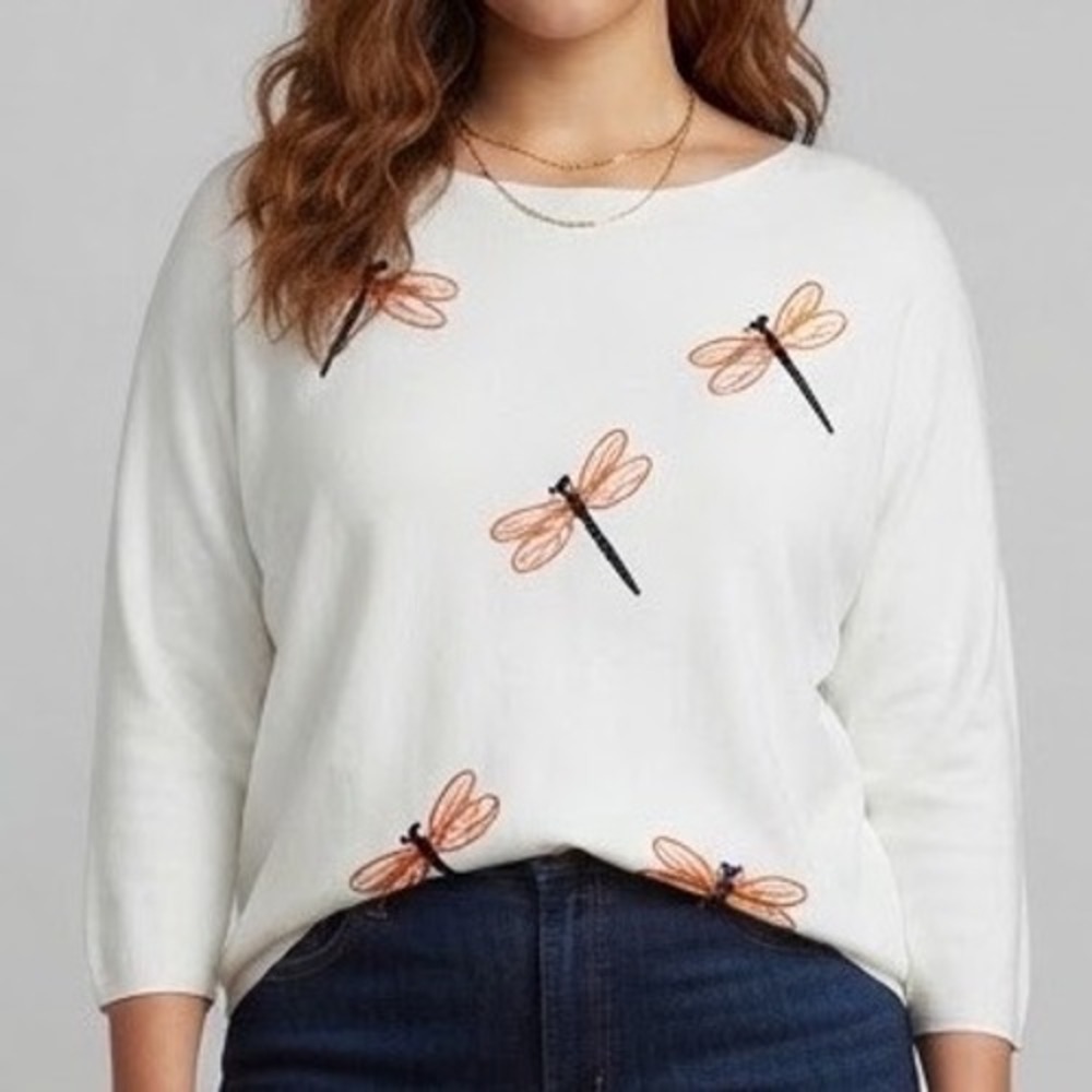 Aaeda Women XL White Dragonfly Embroidered Boat Neck Dolman Sleeve Sweater